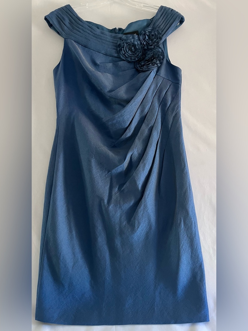 Adrianna Papell Blue Rosette Shoulder Pleated Cocktail Dress 12 NWT New With Tag